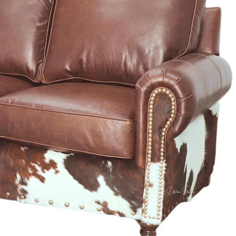 Western Style Leather & Hair On Hide Sofa Brown Caramel Marshal Sofas & Loveseats LOOMLAN By Uptown Sebastian