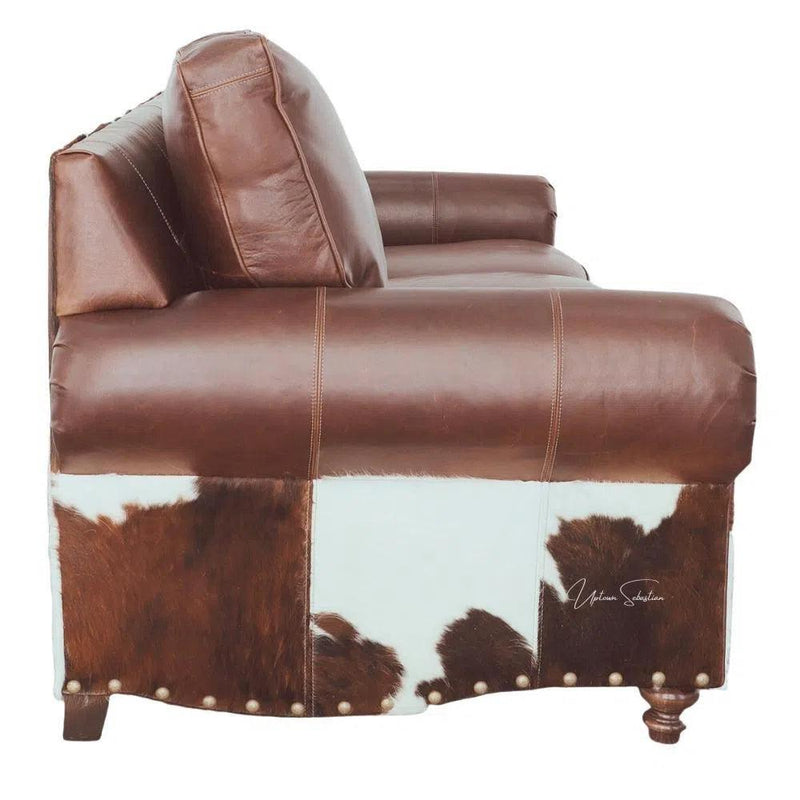 Western Style Leather & Hair On Hide Sofa Brown Caramel Marshal Sofas & Loveseats LOOMLAN By Uptown Sebastian