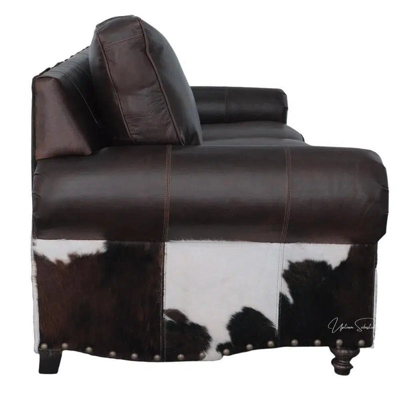 Western Style Leather & Hair On Hide Sofa Dark Brown Marshal Sofas & Loveseats LOOMLAN By Uptown Sebastian