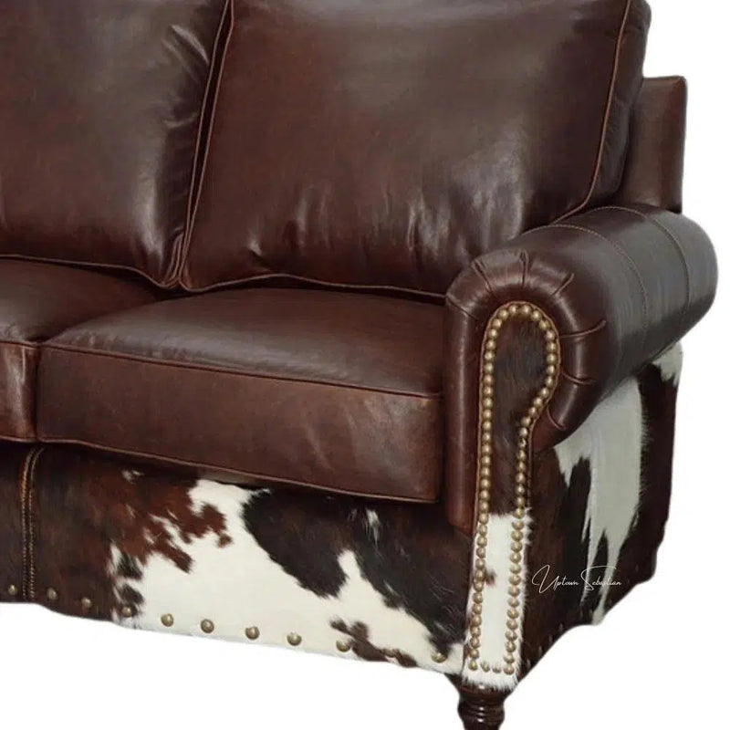 Western Style Leather & Hair On Hide Sofa Whiskey Brown Marshal Sofas & Loveseats LOOMLAN By Uptown Sebastian