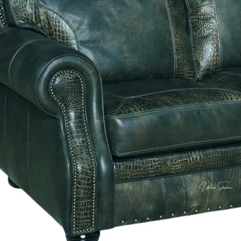 Western Style Leather Couch With Green Teal Alligator Embossed Leather Sofas & Loveseats LOOMLAN By Uptown Sebastian