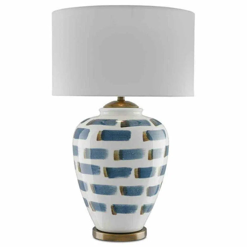 White Blue Antique Brass Brushstroke Table Lamp Table Lamps LOOMLAN By Currey & Co