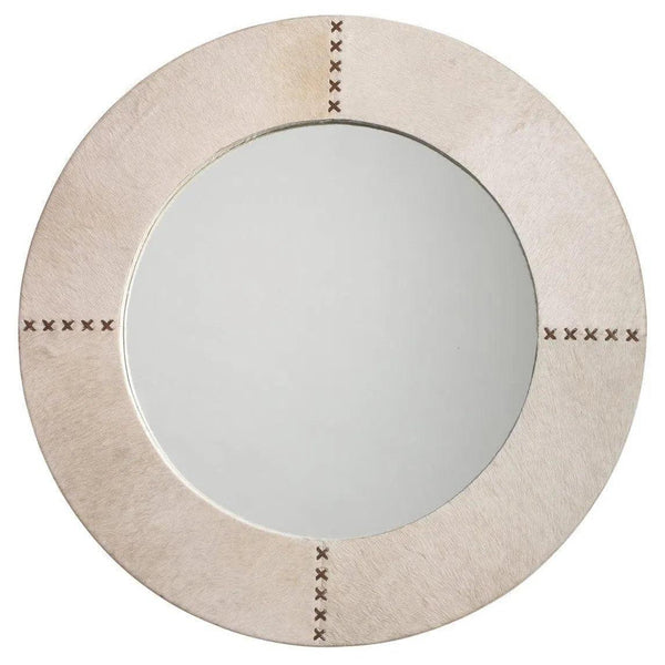 White Cowhide Leather Round Cross Stitch Wall Mirror Wall Mirrors LOOMLAN By Jamie Young