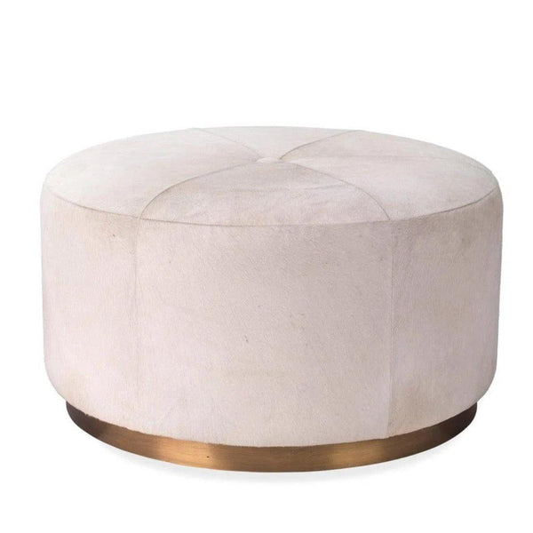 White Hide & Gold Accents Large Thackeray Round Pouf Coffee Tables LOOMLAN By Jamie Young