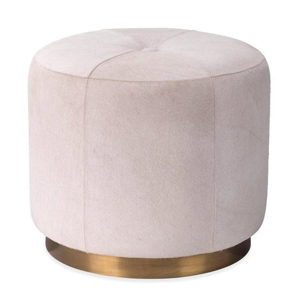 White Hide & Gold Accents Small Thackeray Round Pouf Poufs and Stools LOOMLAN By Jamie Young