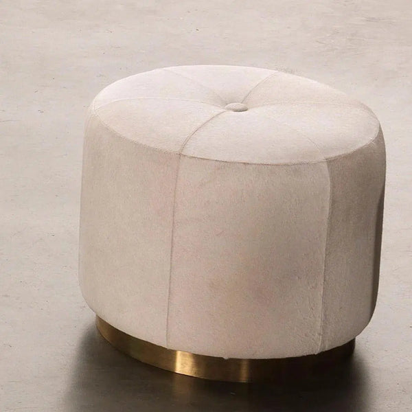 White Hide & Gold Accents Small Thackeray Round Pouf Poufs and Stools LOOMLAN By Jamie Young