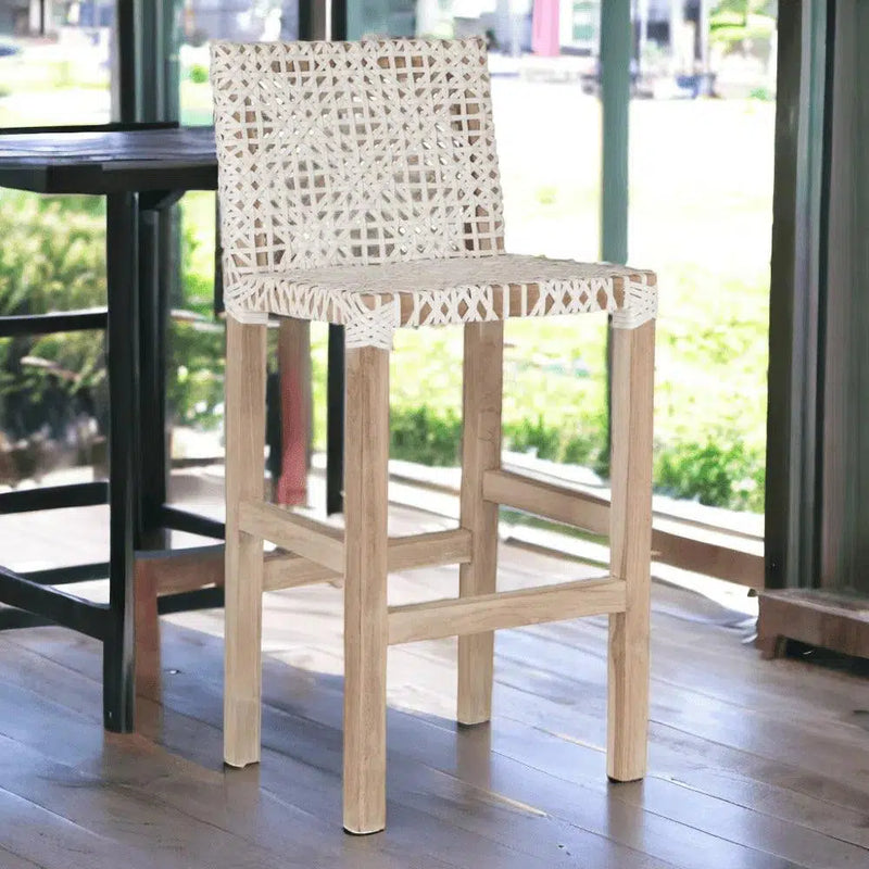 White Leather Woven Lulua Counter Stool Teak Wood Counter Stools LOOMLAN By Artesia