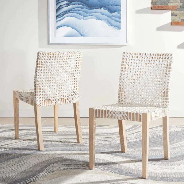 White Leather Woven Lulua Dining Chair Teak Wood Dining Chairs LOOMLAN By Artesia