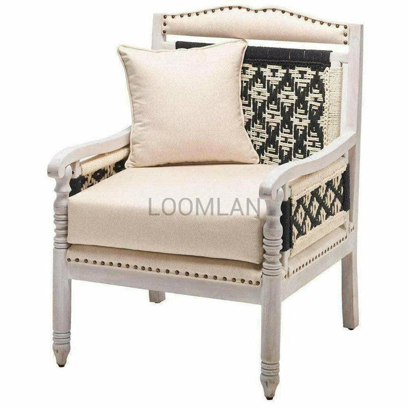 White Wash Base Rope Woven Upholstered Accent Chair Cream Club Chairs LOOMLAN By LOOMLAN