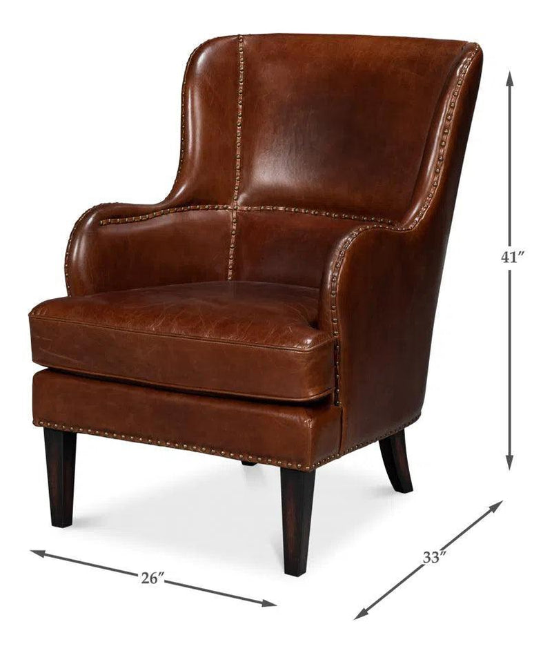 Whitney Distilled Leather Brown Arm Chair Club Chairs LOOMLAN By Sarreid