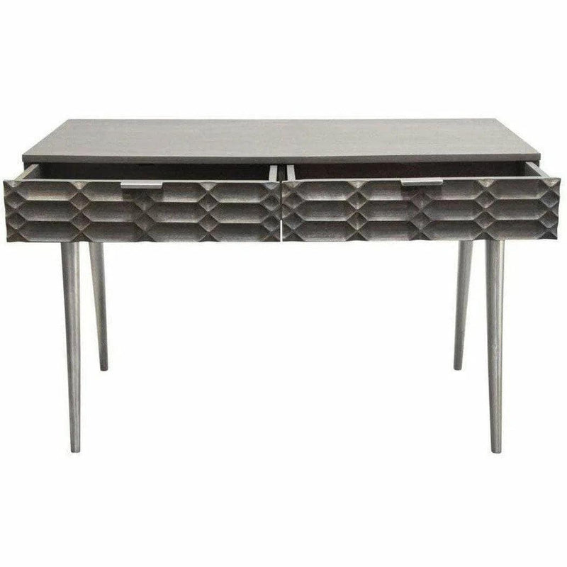 Wood 2-Drawer Writing Desk in Smoke Grey Finish Nickel Legs Home Office Desks LOOMLAN By Diamond Sofa