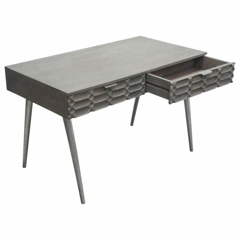 Wood 2-Drawer Writing Desk in Smoke Grey Finish Nickel Legs Home Office Desks LOOMLAN By Diamond Sofa