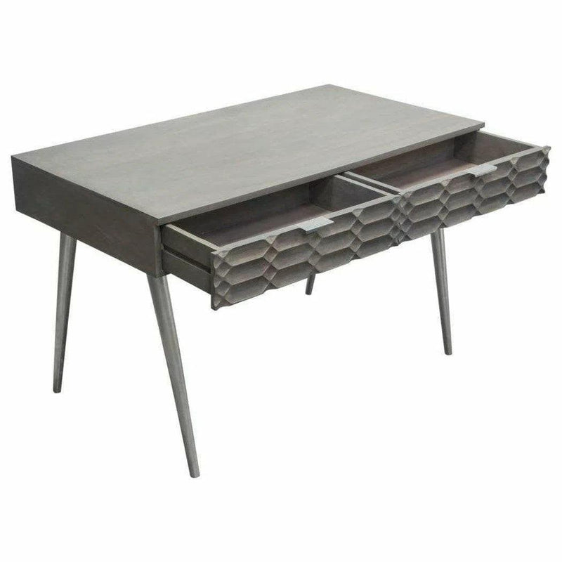 Wood 2-Drawer Writing Desk in Smoke Grey Finish Nickel Legs Home Office Desks LOOMLAN By Diamond Sofa