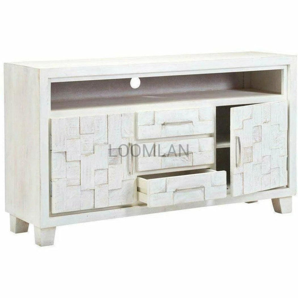 Mosaic White TV Stand Cabinet 3 Drawers - LOOMLAN - LOOMLAN - TV Stands & Media Centers