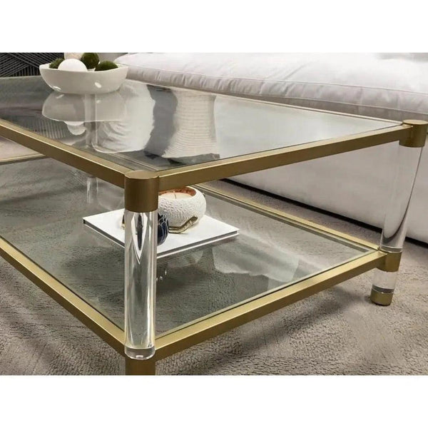 Nouveau Coffee Table With Shelves Brass Lucite Glass - LOOMLAN - Essentials For Living - Coffee Tables