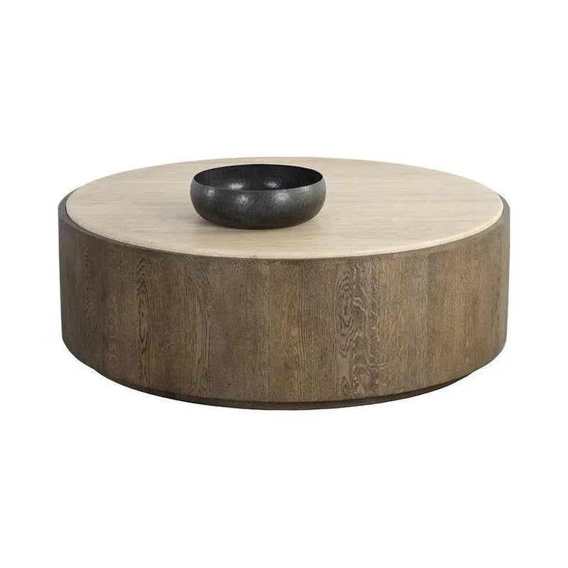 Oberon Wooden Travertine Round Coffee Table - LOOMLAN - SUNPAN - Coffee Tables