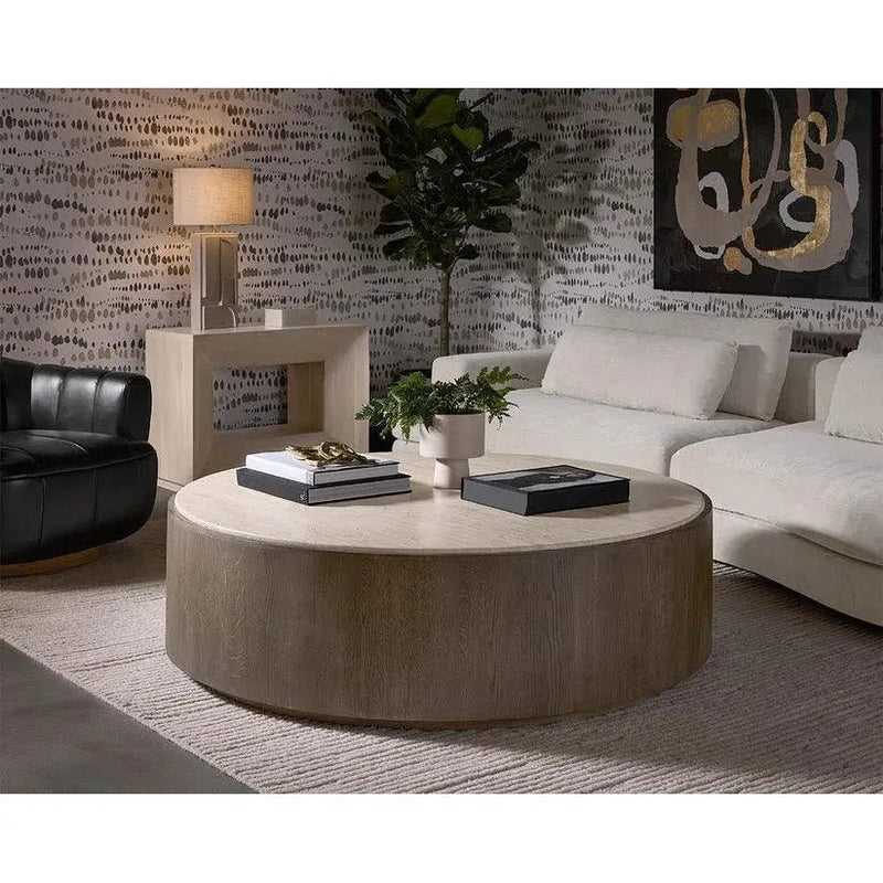 Oberon Wooden Travertine Round Coffee Table - LOOMLAN - SUNPAN - Coffee Tables