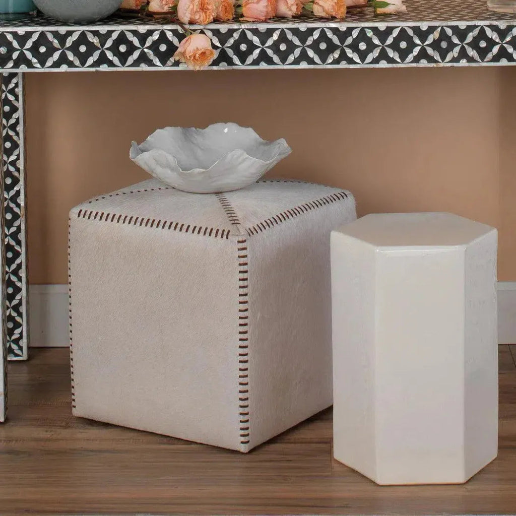 Ox White Square Leather Cowhide Ottoman - Small - LOOMLAN - Jamie Young - Ottomans