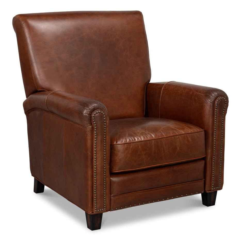 Recliner Leather Brown Arm Chair - LOOMLAN - Sarreid - Club Chairs