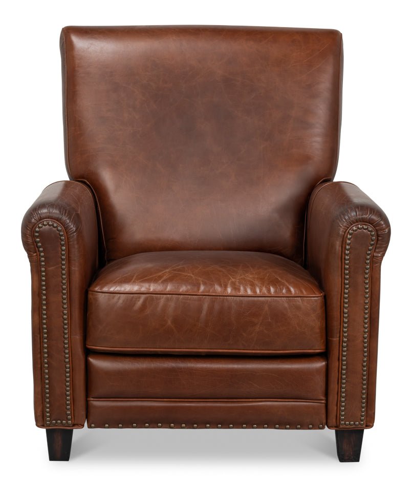 Recliner Leather Brown Arm Chair - LOOMLAN - Sarreid - Club Chairs