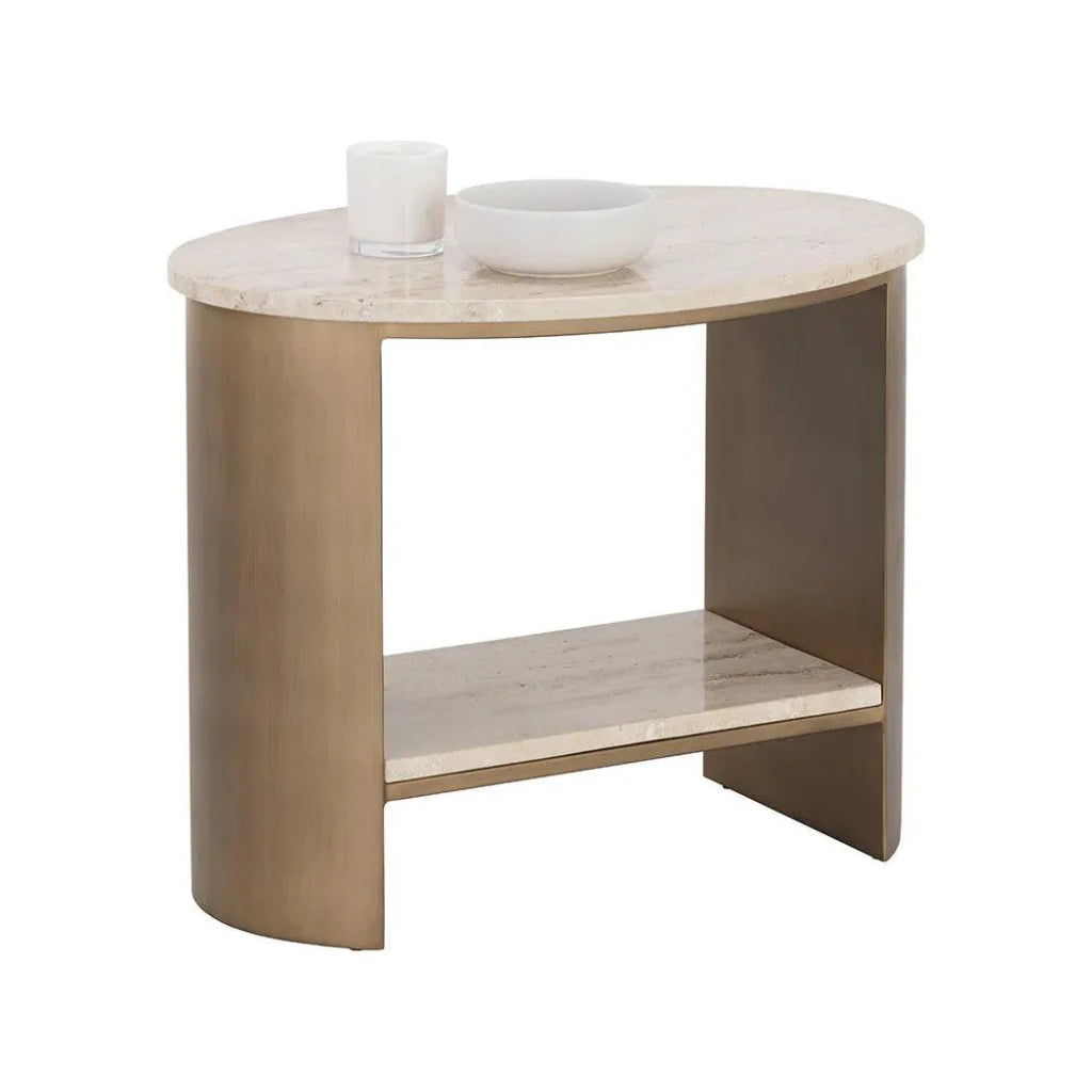 Roshni Side Table Travertine Top & Gold Base - LOOMLAN - SUNPAN - Side Tables