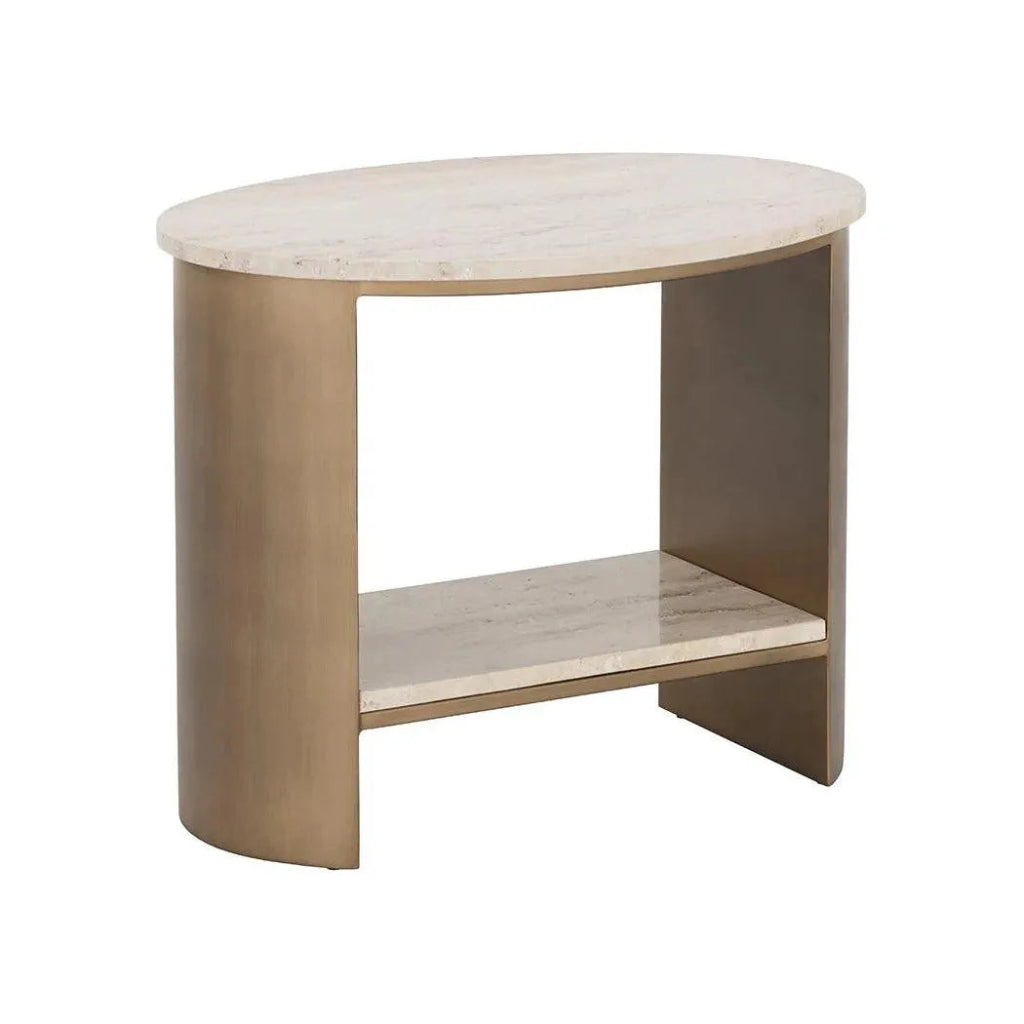 Roshni Side Table Travertine Top & Gold Base - LOOMLAN - SUNPAN - Side Tables