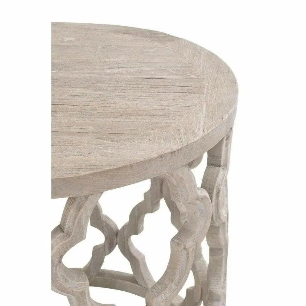 Round Carved Wood Clover Large End Table Smoke Gray Elm - LOOMLAN - Essentials For Living - Side Tables