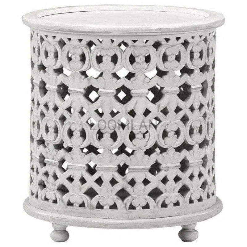 Round Drum Hand Carved White Accent Table - LOOMLAN - LOOMLAN - Side Tables