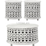 Round Drum Hand Carved White Accent Table - LOOMLAN - LOOMLAN - Side Tables