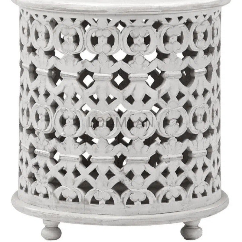 Round Drum Hand Carved White Accent Table - LOOMLAN - LOOMLAN - Side Tables