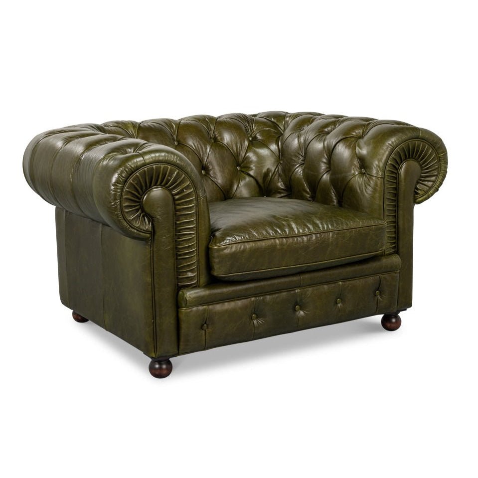 Savile Green Leather Chair - LOOMLAN - Sarreid - Club Chairs