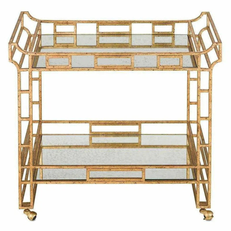 Seneca Gold Leaf Light Roche Antique Odeon Bar Cart - LOOMLAN - Currey & Co - Home Bar Carts