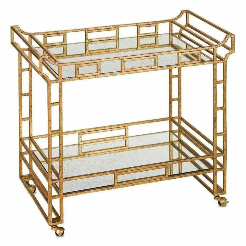 Seneca Gold Leaf Light Roche Antique Odeon Bar Cart - LOOMLAN - Currey & Co - Home Bar Carts