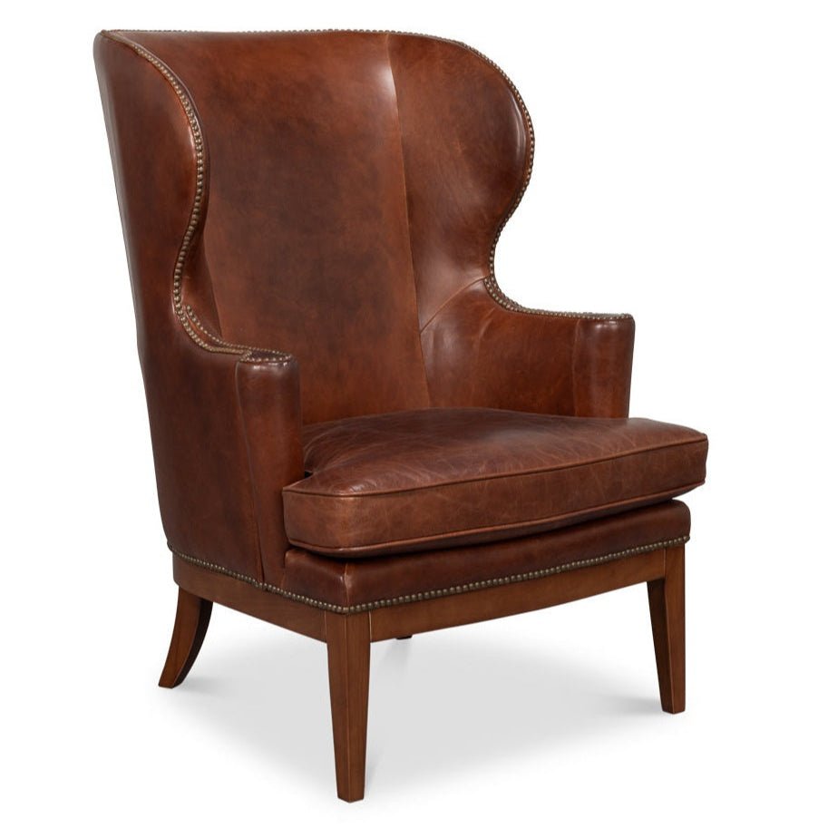 Smithfield Wing Leather Brown Chair - LOOMLAN - Sarreid - Club Chairs