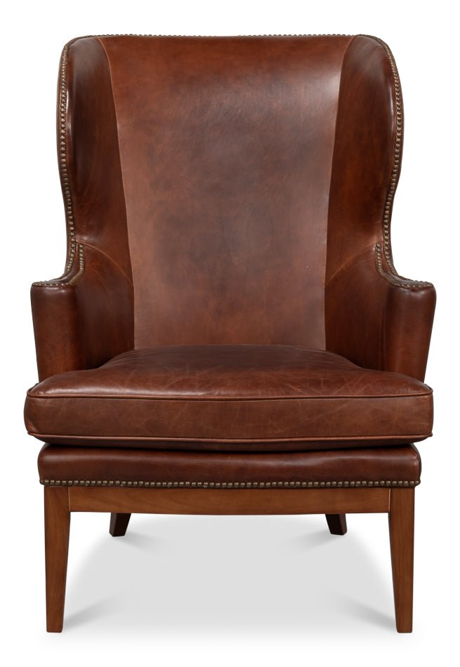 Smithfield Wing Leather Brown Chair - LOOMLAN - Sarreid - Club Chairs