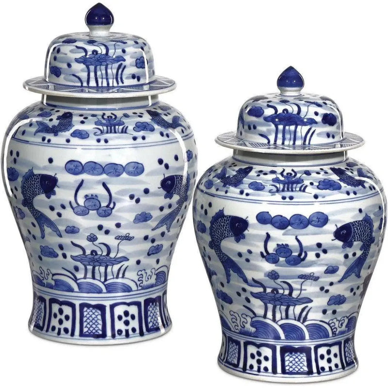 South Sea Blue & White Large Temple Jar - LOOMLAN - Currey & Co - Vases & Jars