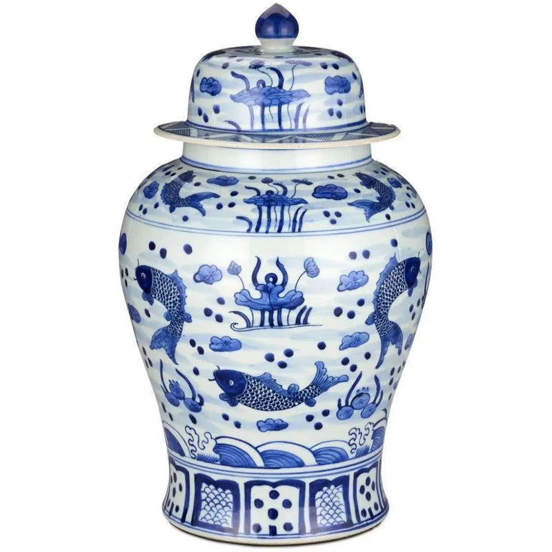 South Sea Blue & White Large Temple Jar - LOOMLAN - Currey & Co - Vases & Jars