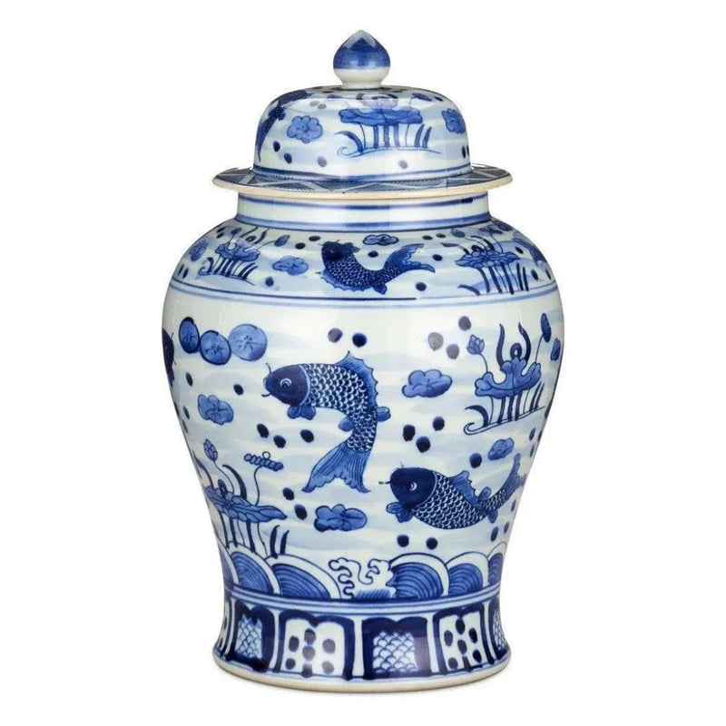 South Sea Blue & White Medium Temple Jar - LOOMLAN - Currey & Co - Vases & Jars