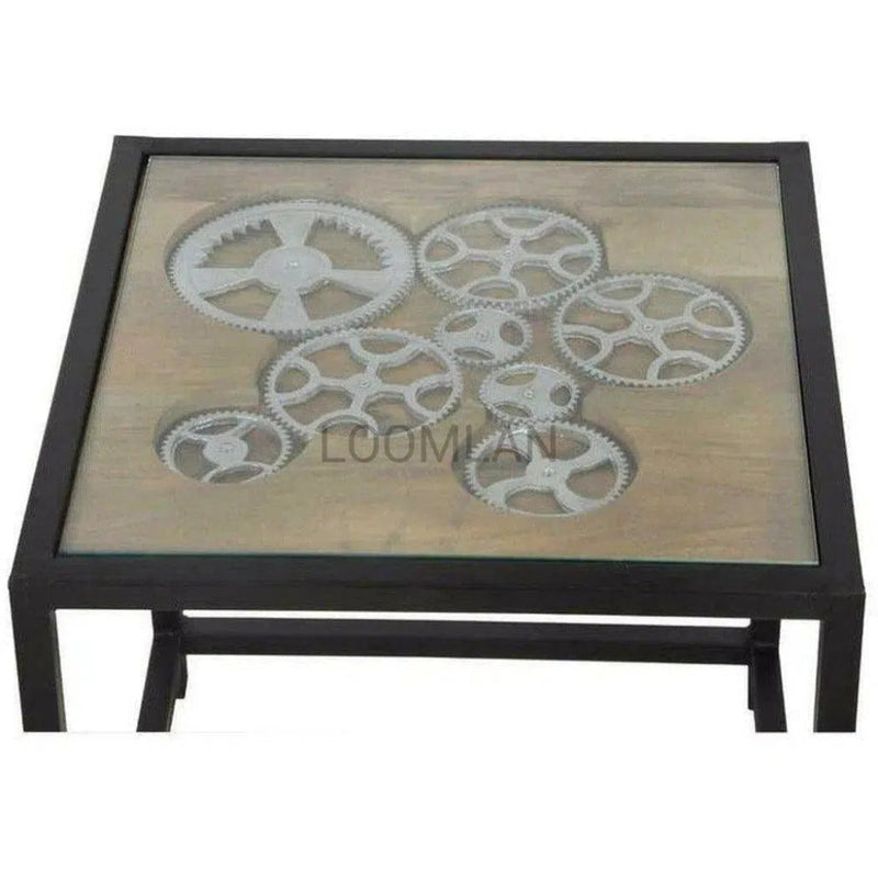 Steampunk Gears Glass Top Side Table - LOOMLAN - LOOMLAN - Side Tables