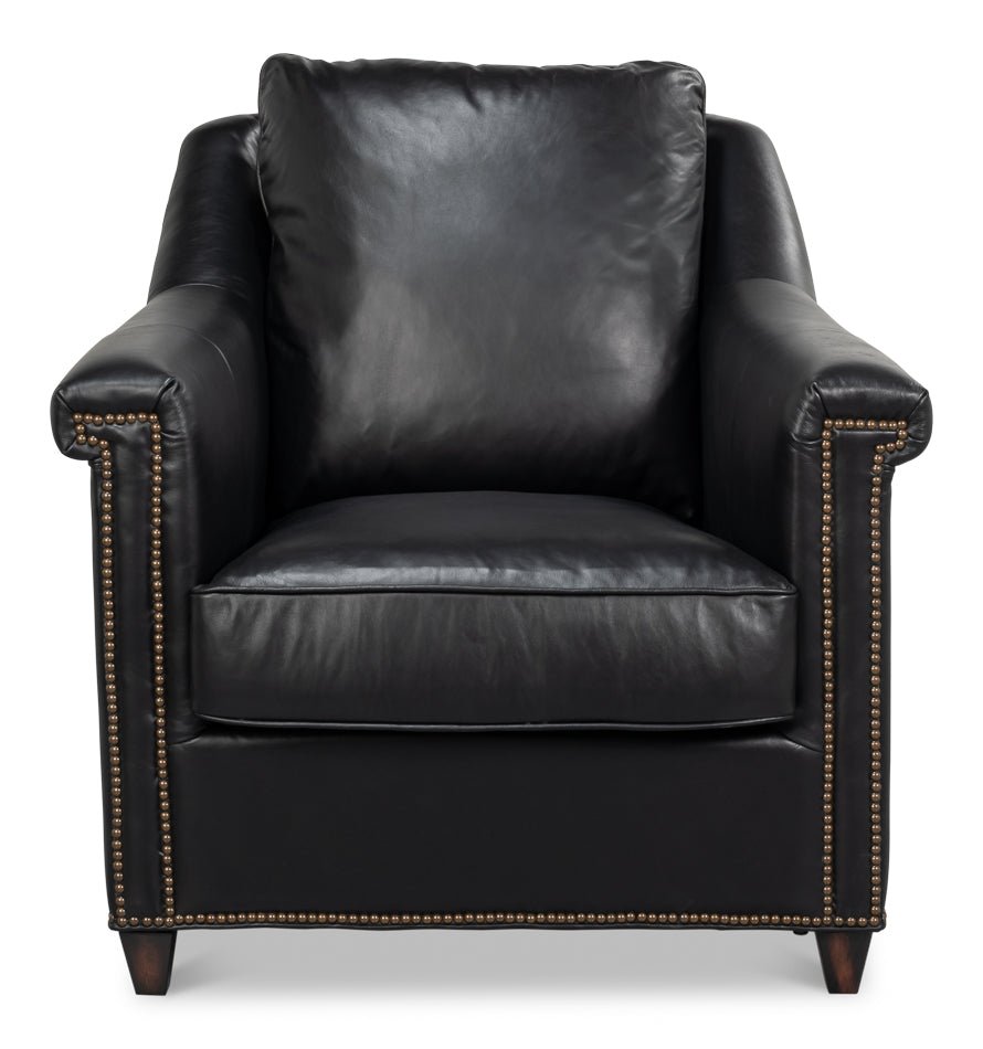 Vandike Onyx Black Leather Arm Chair - LOOMLAN - Sarreid - Club Chairs