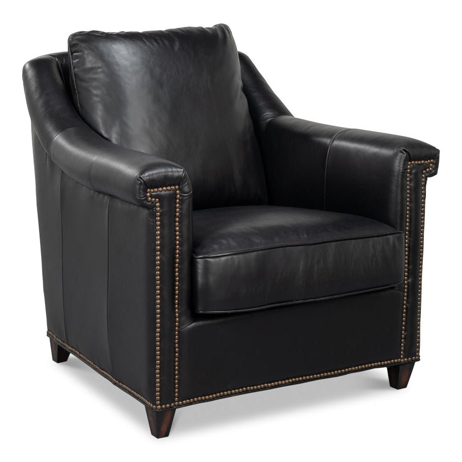 Vandike Onyx Black Leather Arm Chair - LOOMLAN - Sarreid - Club Chairs