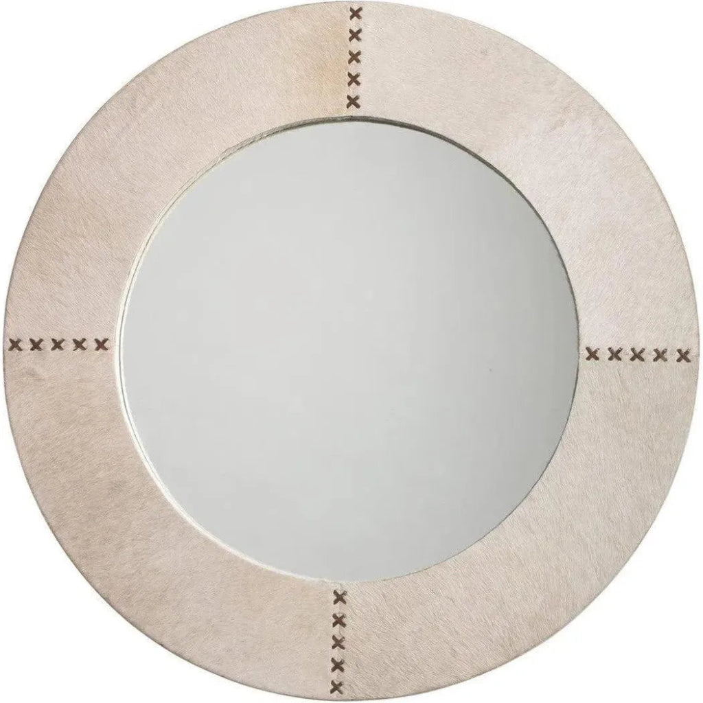 White Cowhide Leather Round Cross Stitch Wall Mirror - LOOMLAN - Jamie Young - Wall Mirrors