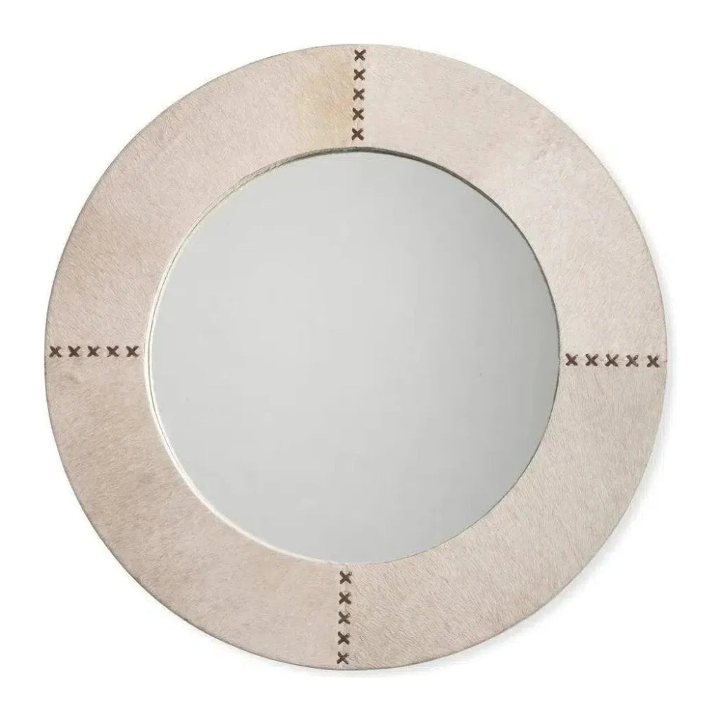 White Cowhide Leather Round Cross Stitch Wall Mirror - LOOMLAN - Jamie Young - Wall Mirrors