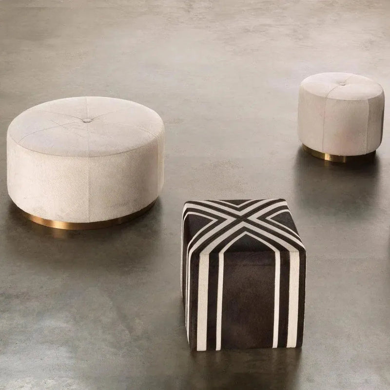 White Hide & Small Thackeray Round Pouf - LOOMLAN - Jamie Young - Poufs and Stools