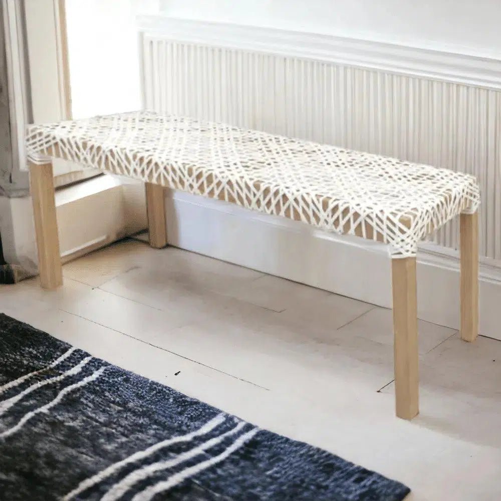 White Leather Woven Lulua Backless Bench - LOOMLAN - Artesia - Bedroom Benches