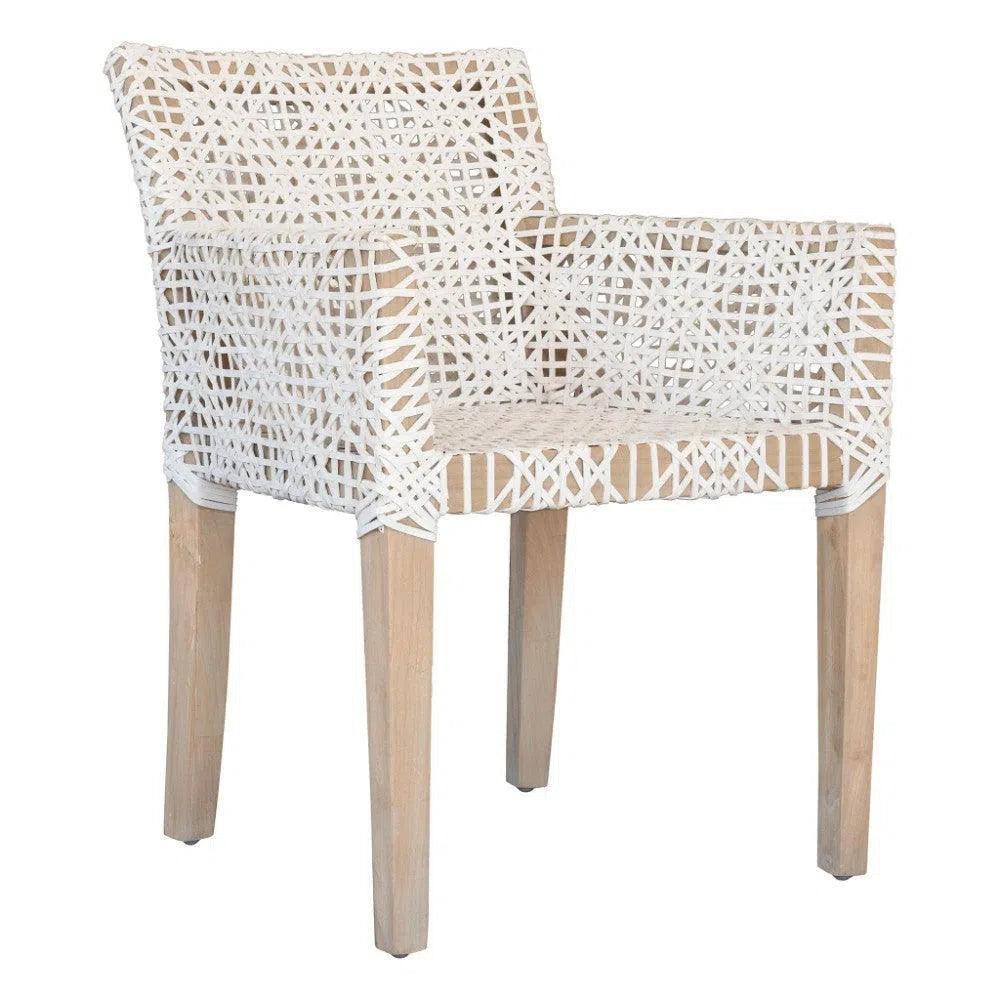 White Leather Woven Lulua Dining Armchair Teak - LOOMLAN - Artesia - Dining Chairs