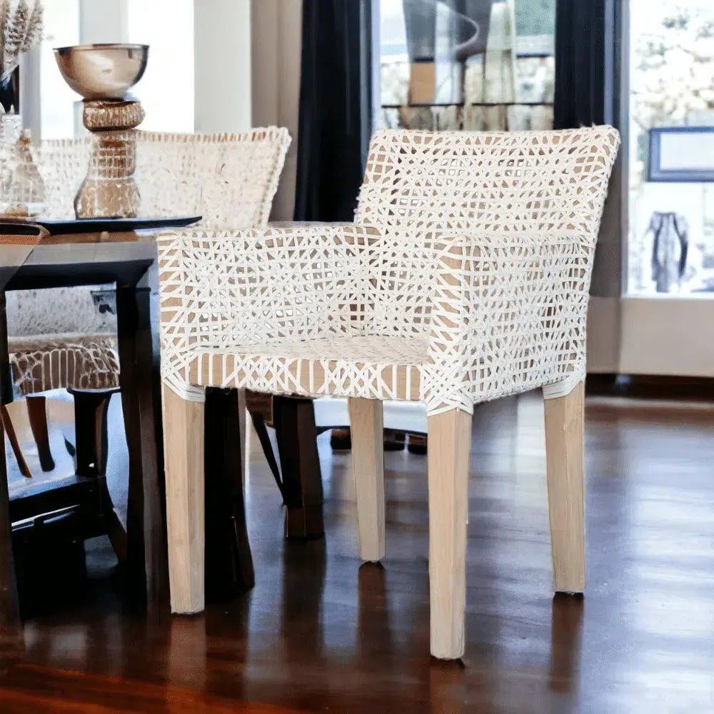 White Leather Woven Lulua Dining Armchair Teak - LOOMLAN - Artesia - Dining Chairs