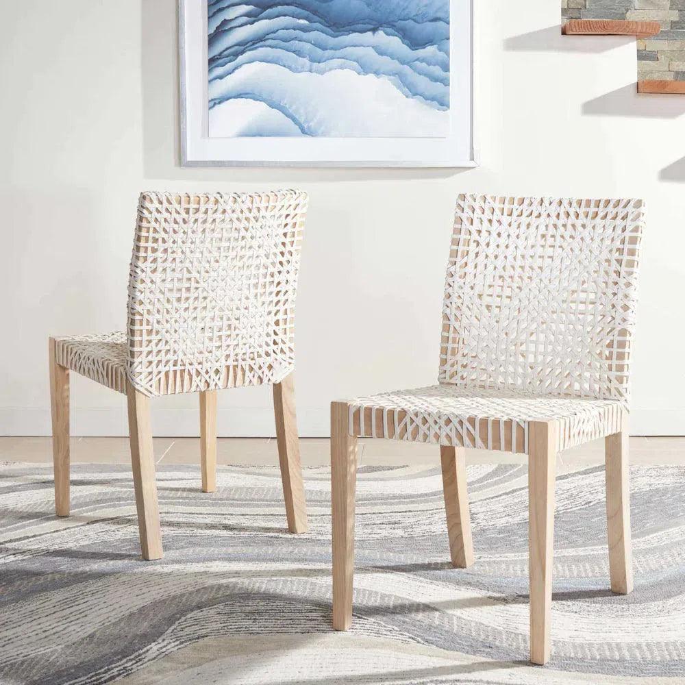 White Leather Woven Lulua Dining Chair Teak Wood - LOOMLAN - Artesia - Dining Chairs